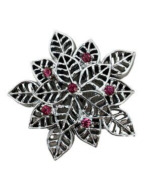 Gerry's Brooch Vintage Pink Rhinestones Silvertone Metal Leaf Motif
